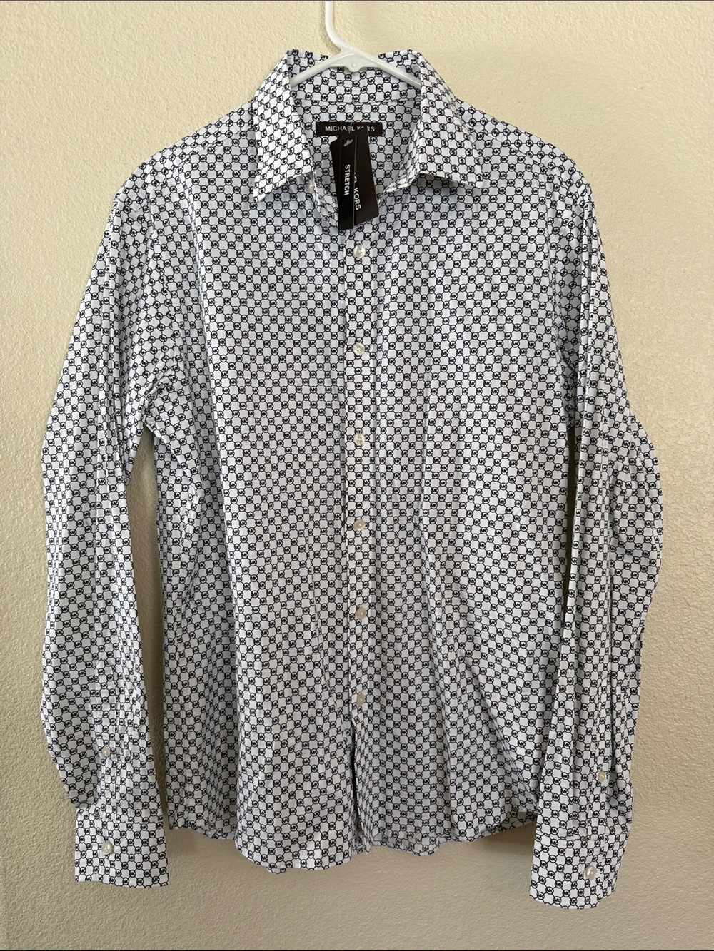 NWT Michael Kors White Slim Fit Shirt with Black Geometric Print Men’s Size M